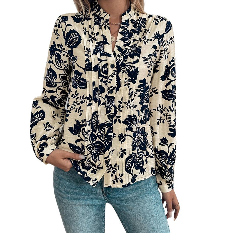 Women's Long Sleeve Shirt Spring/Fall Floral Buckle Stand Collar Daily Going Out Casual Top