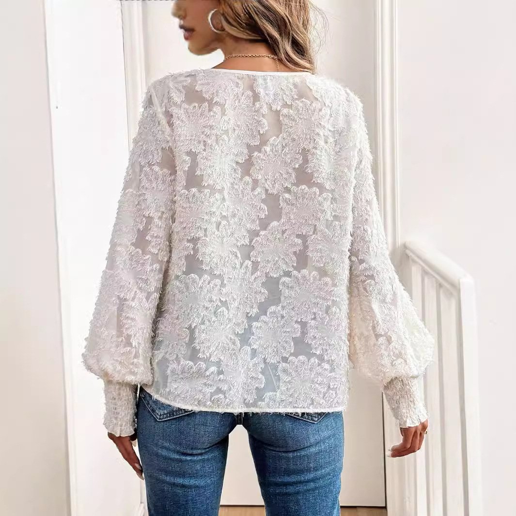 Women's Long Sleeve Blouse Spring/Fall Plain Lace V Neck Puff Sleeve Daily Going Out Casual Top