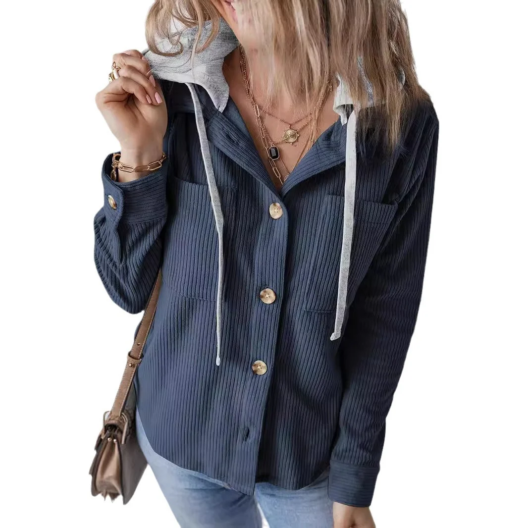 Women's Autumn Outerwear Casual Corduroy Plain Long Sleeve Hoodie Jacket