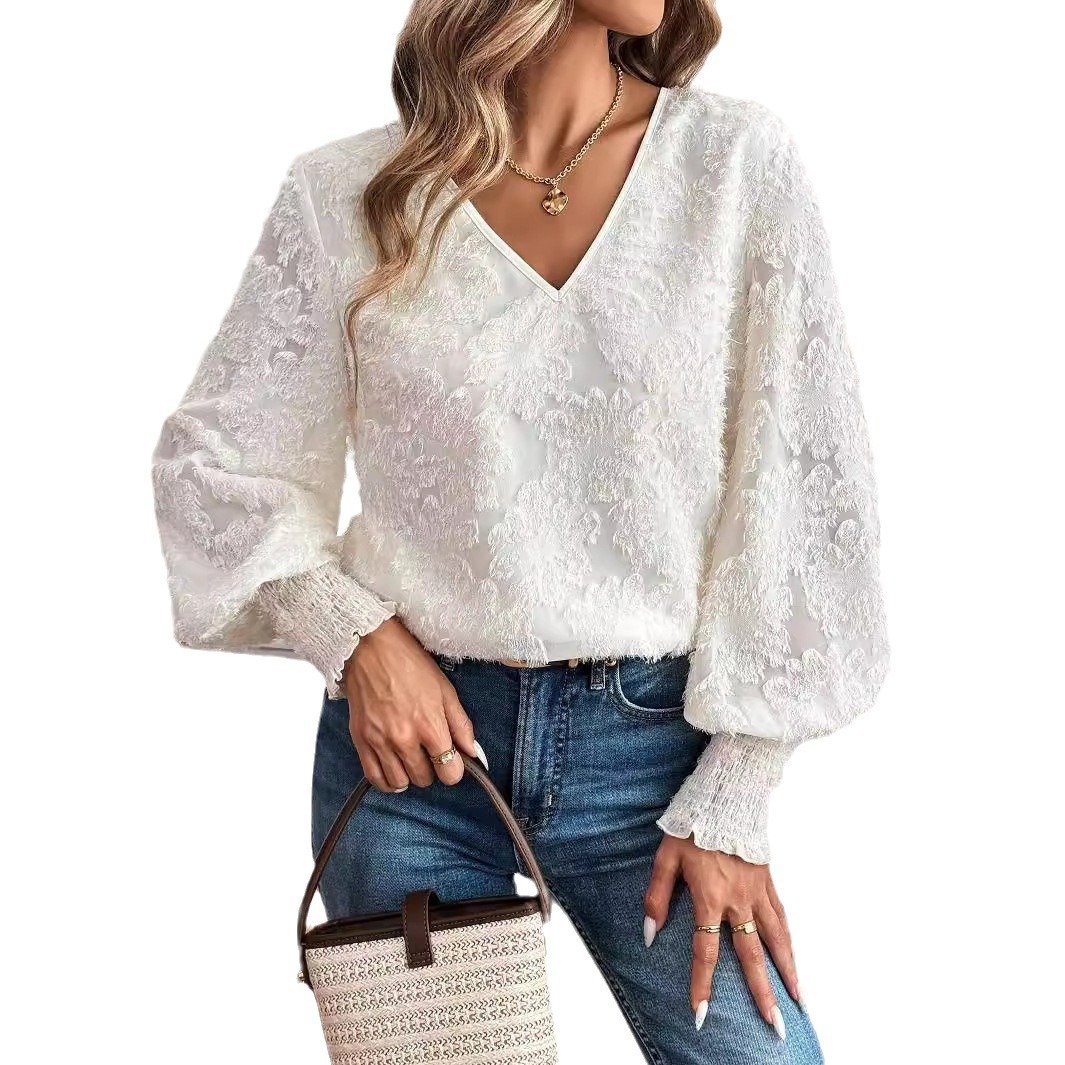 Women's Long Sleeve Blouse Spring/Fall Plain Lace V Neck Puff Sleeve Daily Going Out Casual Top