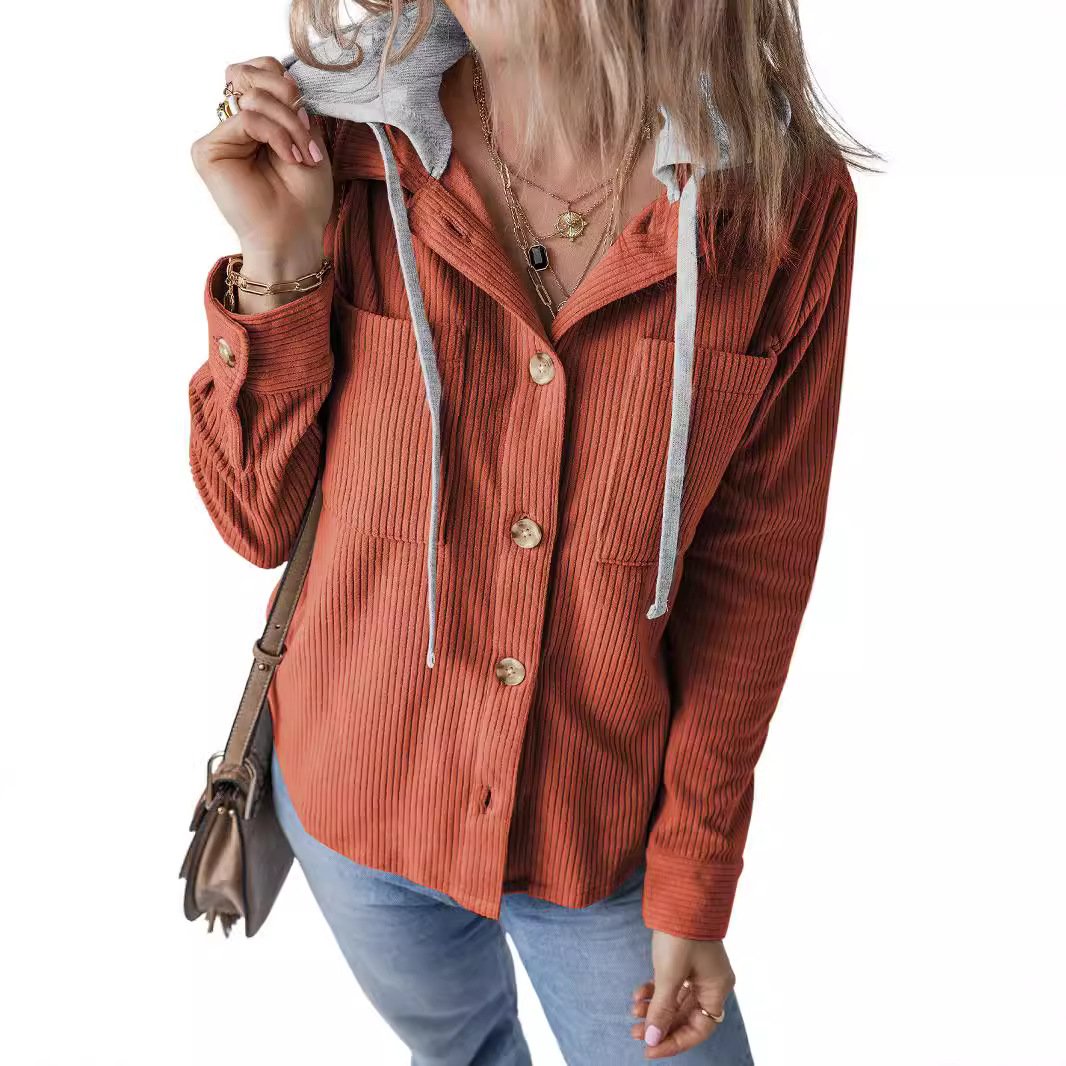 Women's Autumn Outerwear Casual Corduroy Plain Long Sleeve Hoodie Jacket