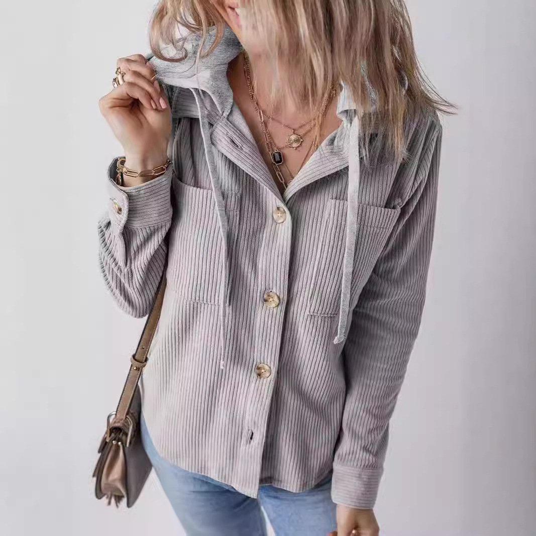 Women's Autumn Outerwear Casual Corduroy Plain Long Sleeve Hoodie Jacket