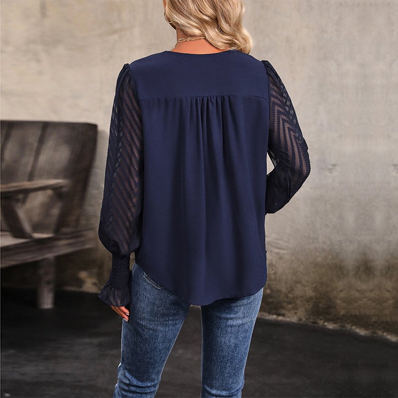 Women's Long Sleeve Blouse Spring/Fall Plain Lace V Neck Daily Going Out Casual Top