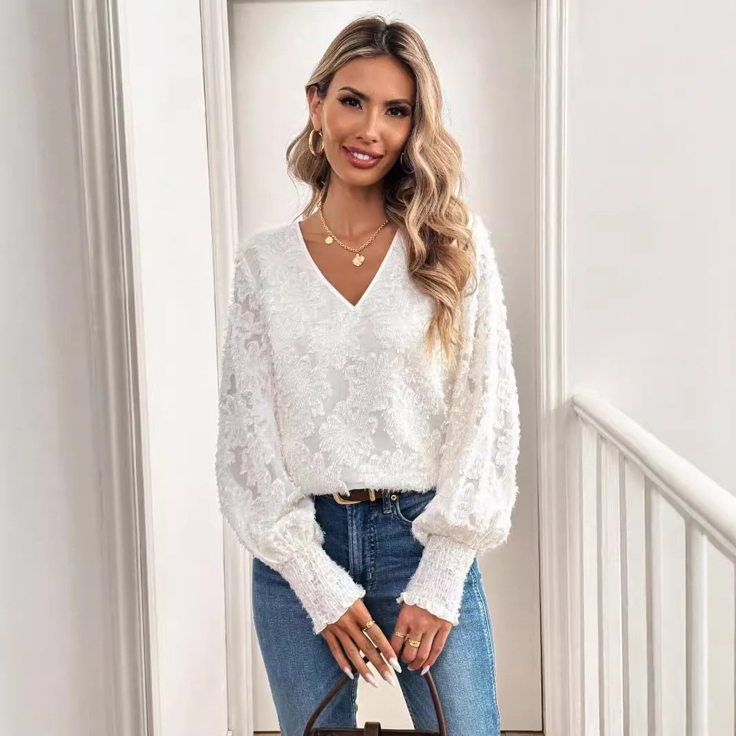 Women's Long Sleeve Blouse Spring/Fall Plain Lace V Neck Puff Sleeve Daily Going Out Casual Top