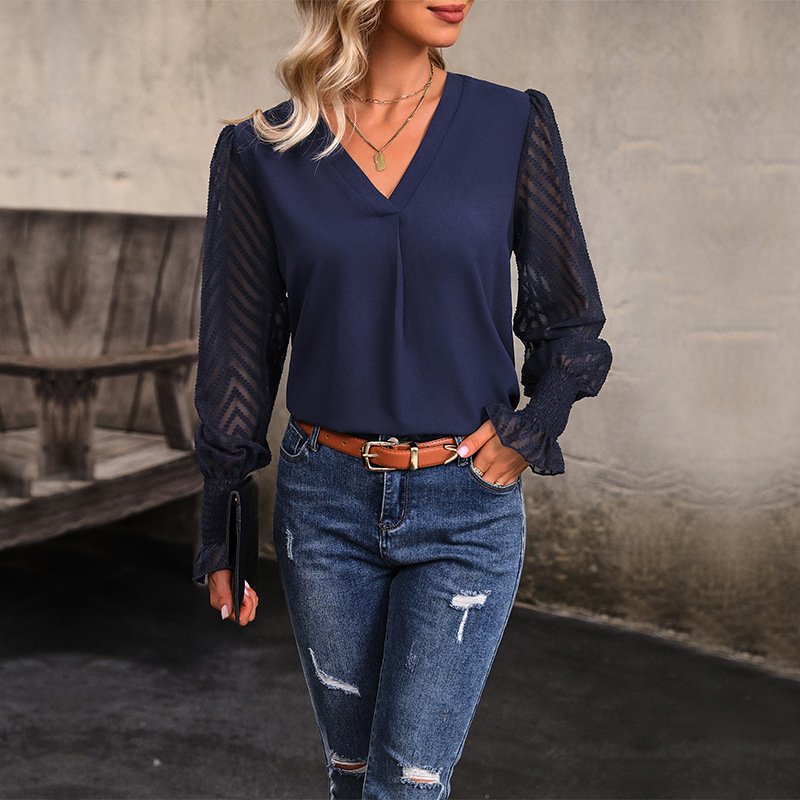 Women's Long Sleeve Blouse Spring/Fall Plain Lace V Neck Daily Going Out Casual Top