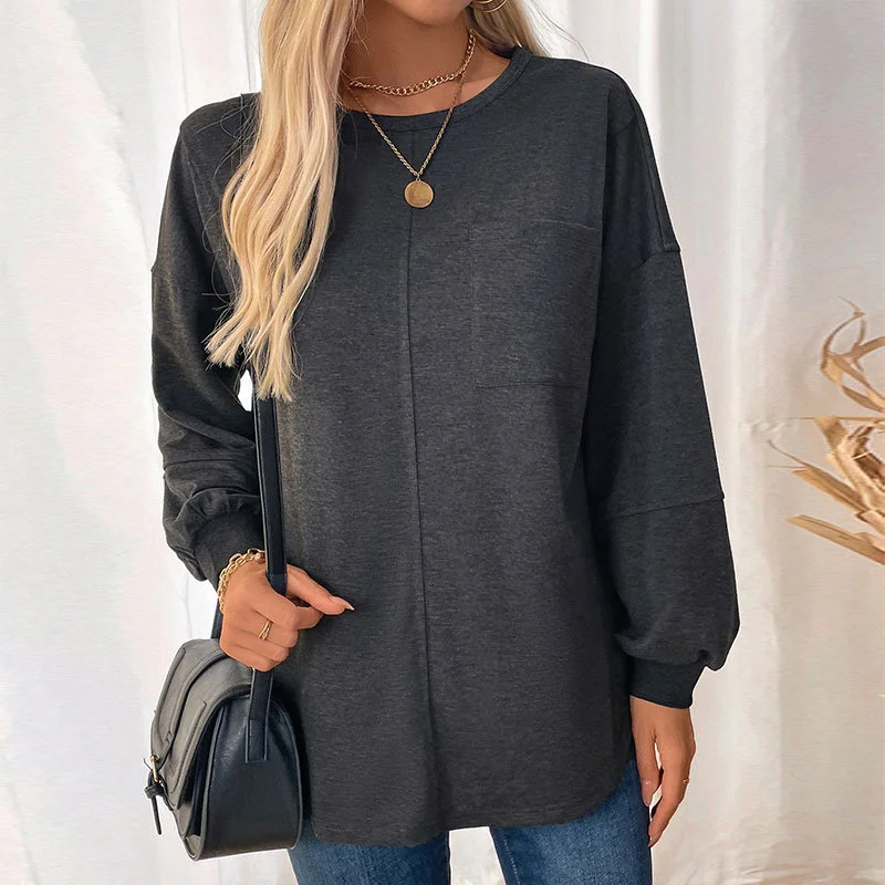 Women's Long Sleeve Blouse Spring/Fall Plain Knitted Crew Neck Daily Going Out Casual Top