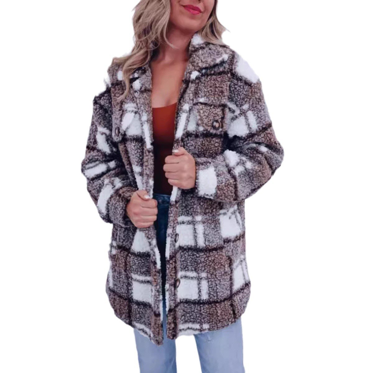 Women's Autumn Outerwear Casual Teddy Velvet Plaid Long Sleeve Shawl Collar Jacket