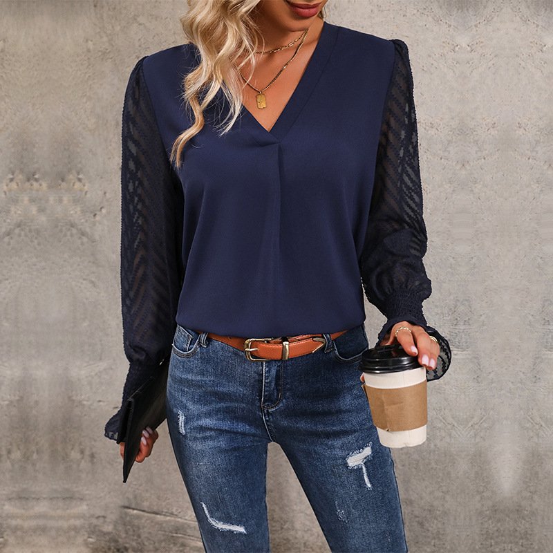 Women's Long Sleeve Blouse Spring/Fall Plain Lace V Neck Daily Going Out Casual Top