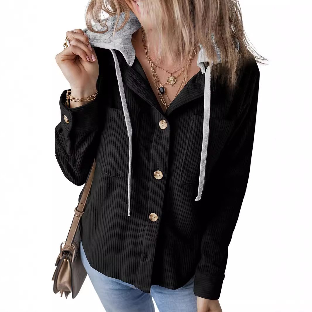 Women's Autumn Outerwear Casual Corduroy Plain Long Sleeve Hoodie Jacket