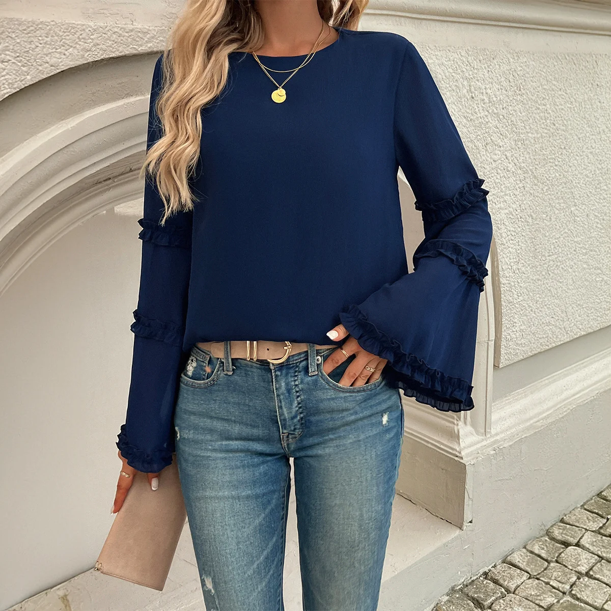 Women's Long Sleeve Blouse Spring/Fall Plain Peplum V Neck Bell Sleeve Daily Going Out Casual Top