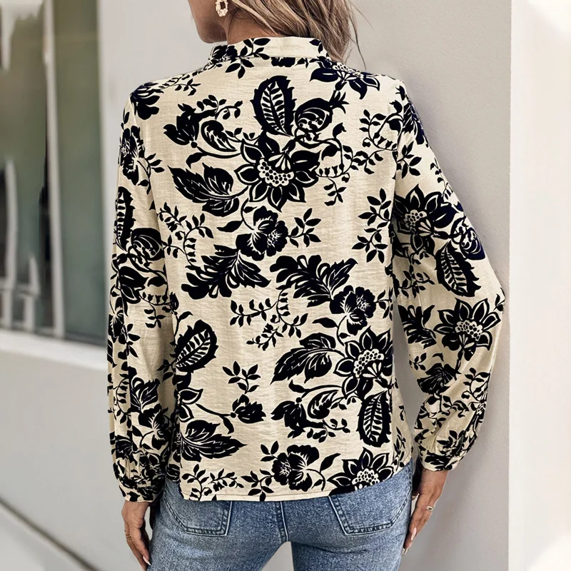 Women's Long Sleeve Shirt Spring/Fall Floral Buckle Stand Collar Daily Going Out Casual Top