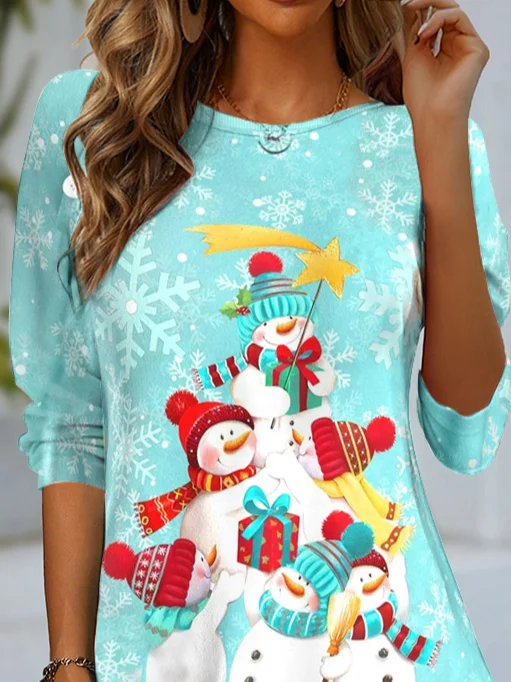 Women's Long Sleeve Tee T-shirt Spring/Fall Christmas Snowman Jersey Crew Neck Daily Going Out Casual Top