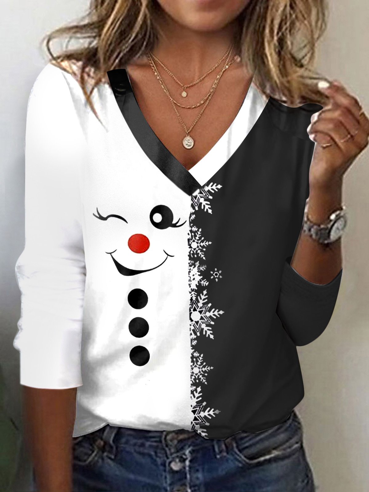 Women's Long Sleeve Tee T-shirt Spring/Fall Christmas Jersey V Neck Daily Going Out Casual Top