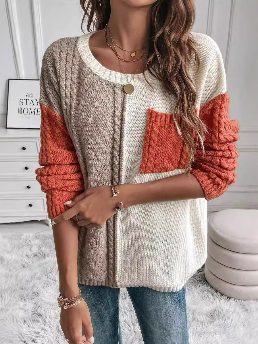 Women's Spring/Fall Color Block Casual Long Sleeve Crew Neck Wool/Knitting Sweater