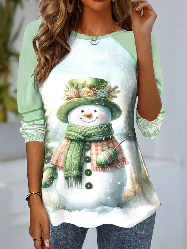 Women's Long Sleeve Tee T-shirt Spring/Fall Christmas Snowman Jersey Crew Neck Daily Going Out Casual Top