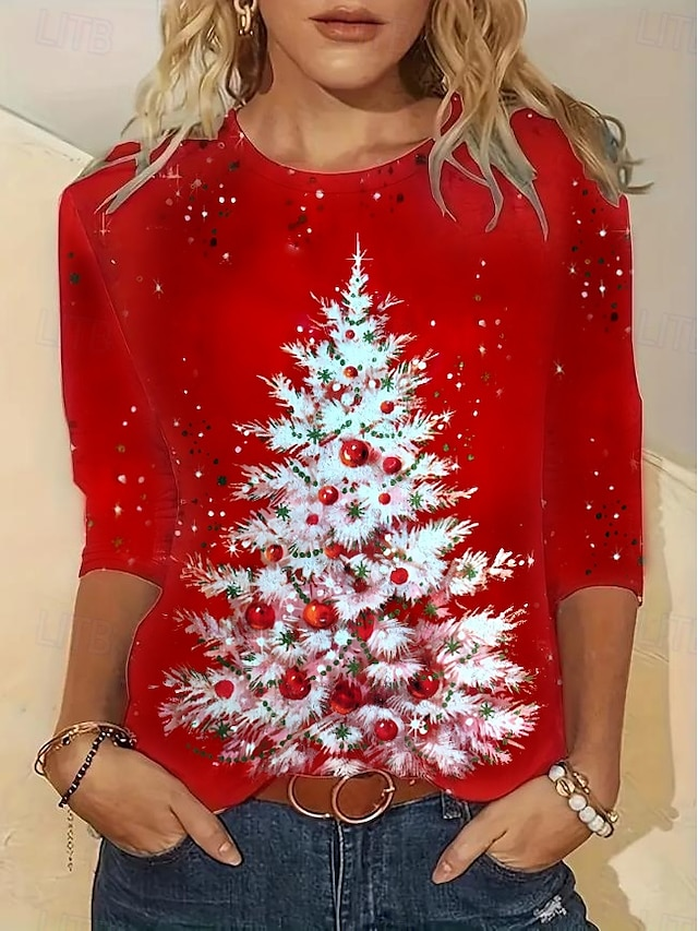 Women's Long Sleeve Tee T-shirt Spring/Fall Christmas Tree Printing Jersey Crew Neck Holiday Going Out Casual Top