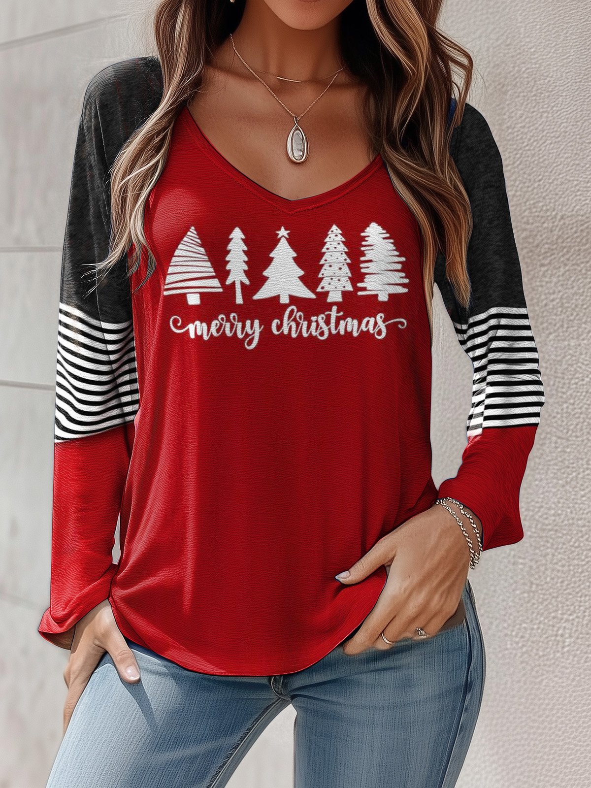 Women's Long Sleeve Tee T-shirt Spring/Fall Christmas Jersey V Neck Daily Going Out Casual Top