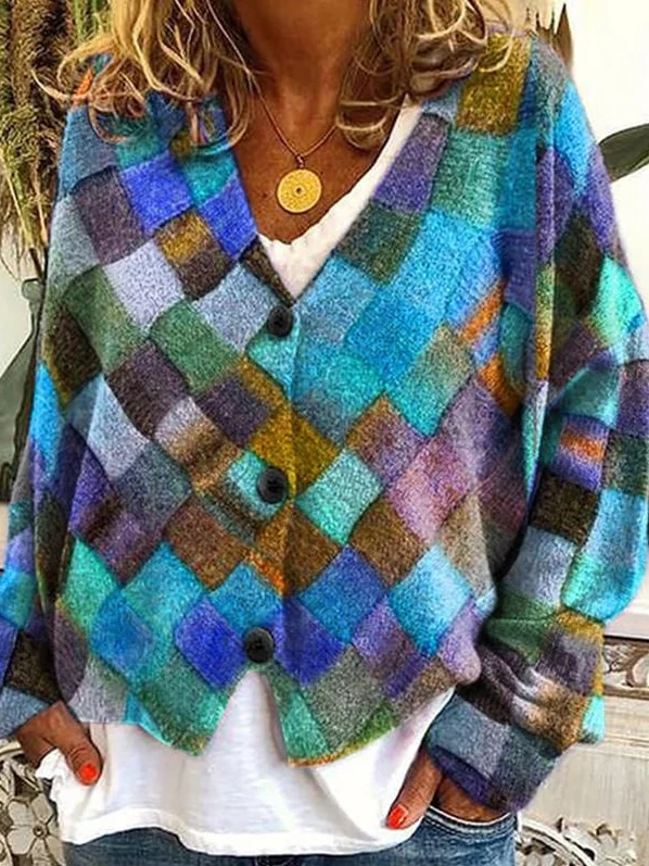 Women's Casual Winter Geometric Wool/Knitting Cardigan