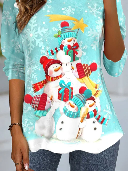 Women's Long Sleeve Tee T-shirt Spring/Fall Christmas Snowman Jersey Crew Neck Daily Going Out Casual Top