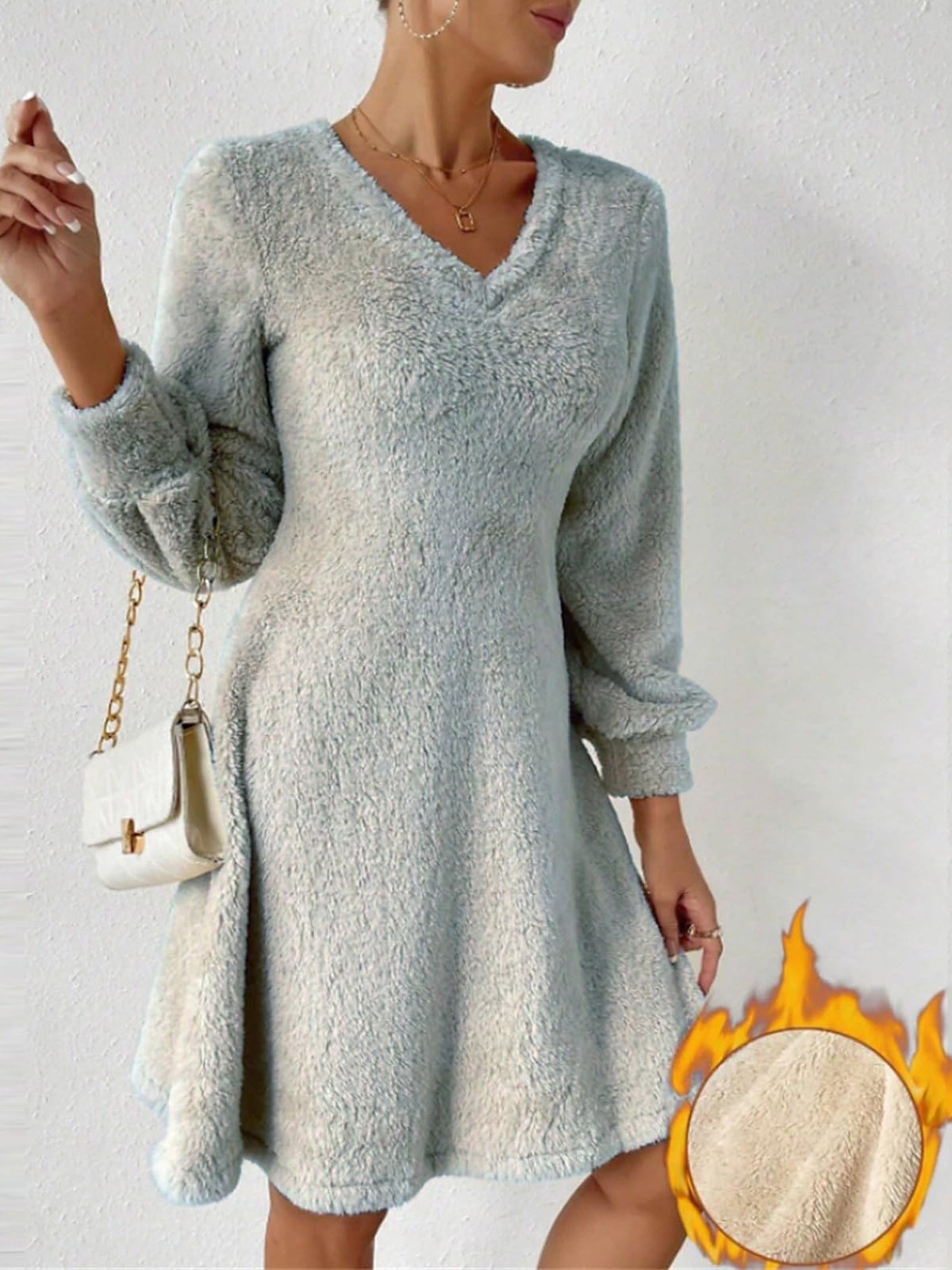 Women's Long Sleeve Spring/Fall Plain Fluff/Granular Fleece Fabric Dress V Neck Daily Going Out Casual Midi H-Line