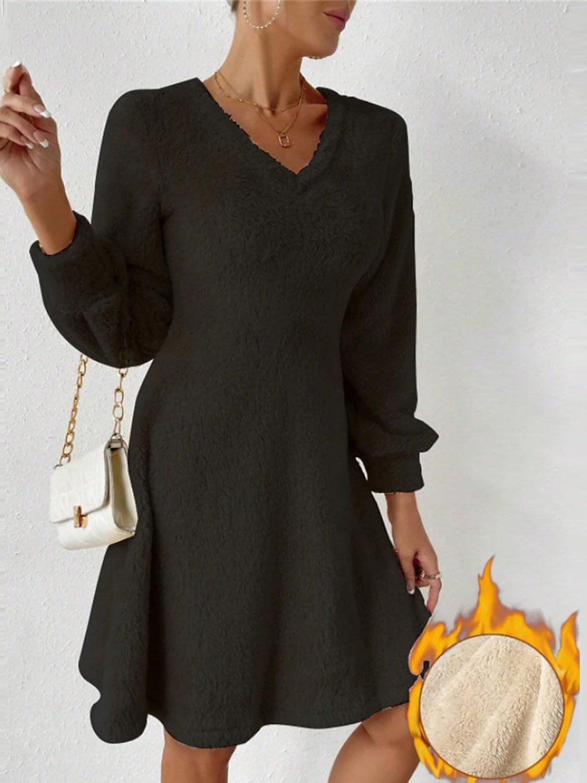 Women's Long Sleeve Spring/Fall Plain Fluff/Granular Fleece Fabric Dress V Neck Daily Going Out Casual Midi H-Line