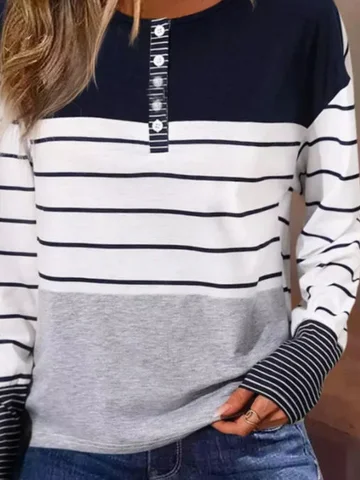 Women's Long Sleeve Blouse Spring/Fall Striped Crew Neck Daily Going Out Casual Top