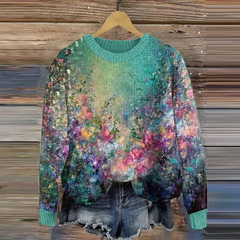 Women's Winter Floral Casual Long Sleeve Crew Neck Knitted Sweater