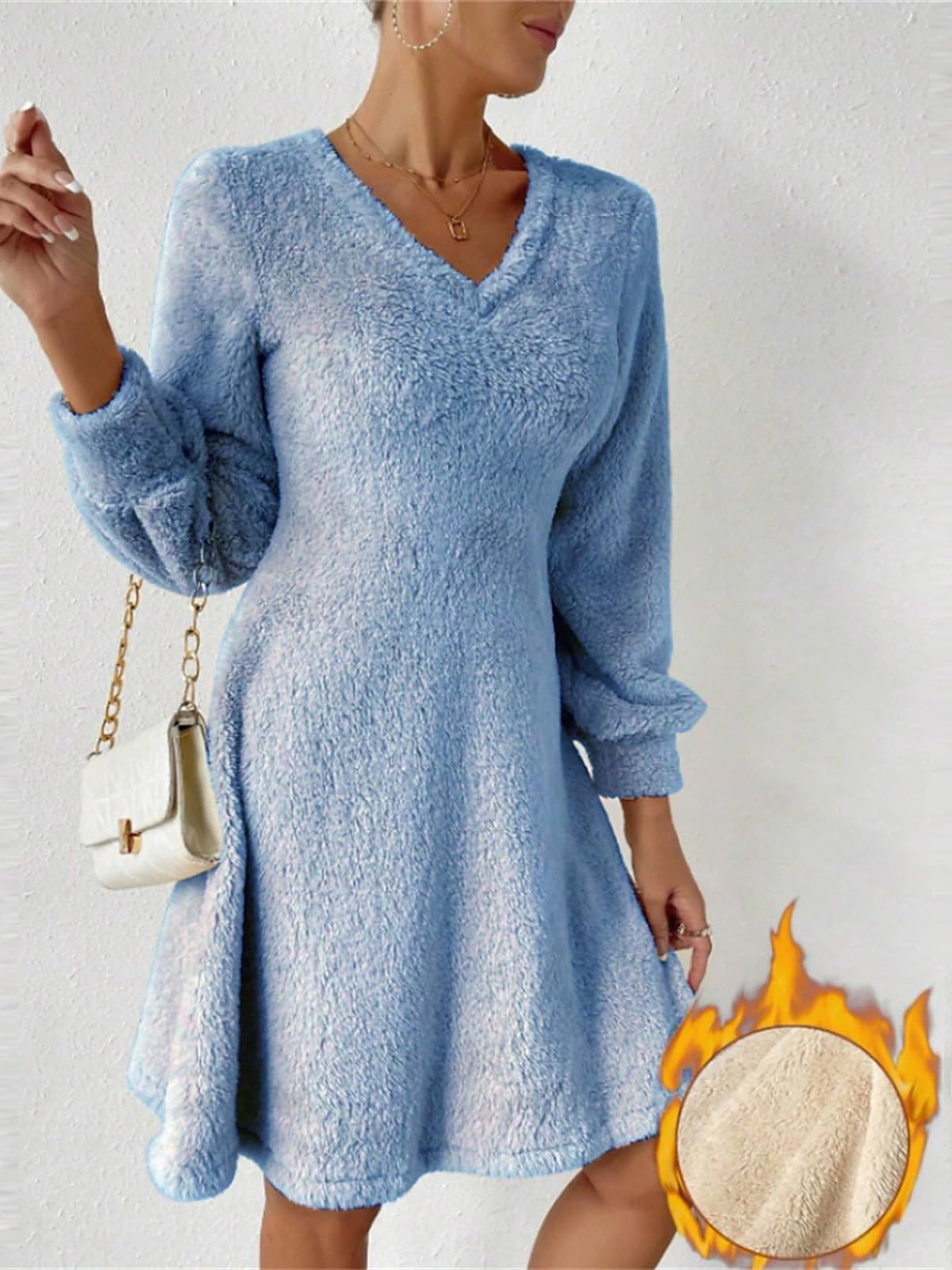 Women's Long Sleeve Spring/Fall Plain Fluff/Granular Fleece Fabric Dress V Neck Daily Going Out Casual Midi H-Line