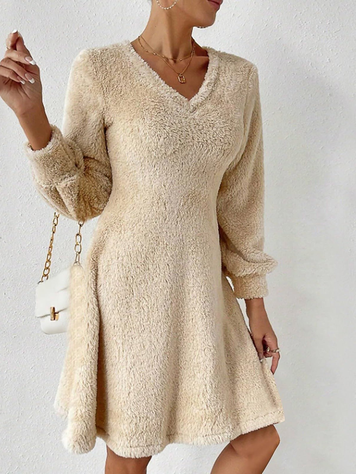 Women's Long Sleeve Spring/Fall Plain Fluff/Granular Fleece Fabric Dress V Neck Daily Going Out Casual Midi H-Line