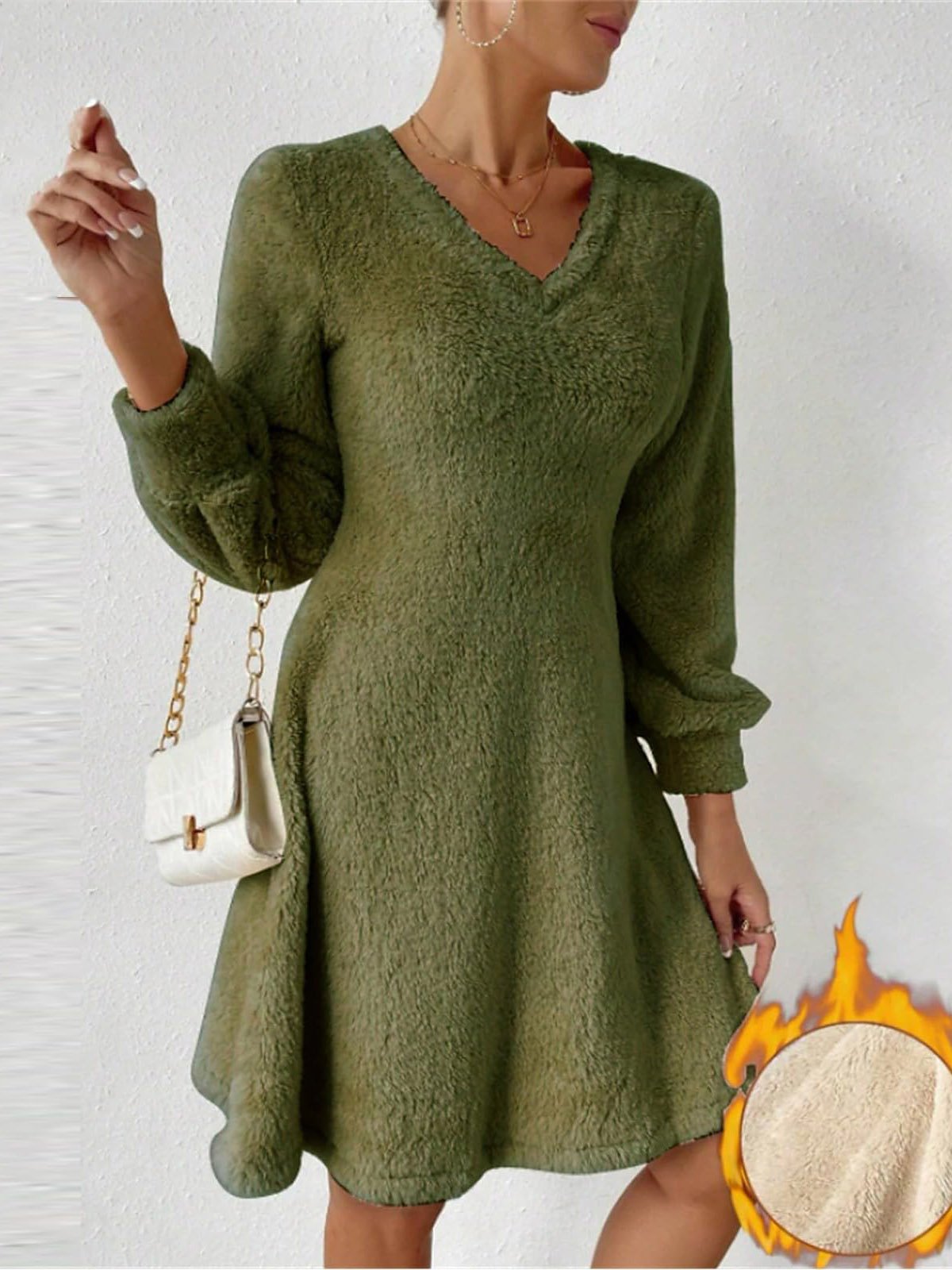 Women's Long Sleeve Spring/Fall Plain Fluff/Granular Fleece Fabric Dress V Neck Daily Going Out Casual Midi H-Line