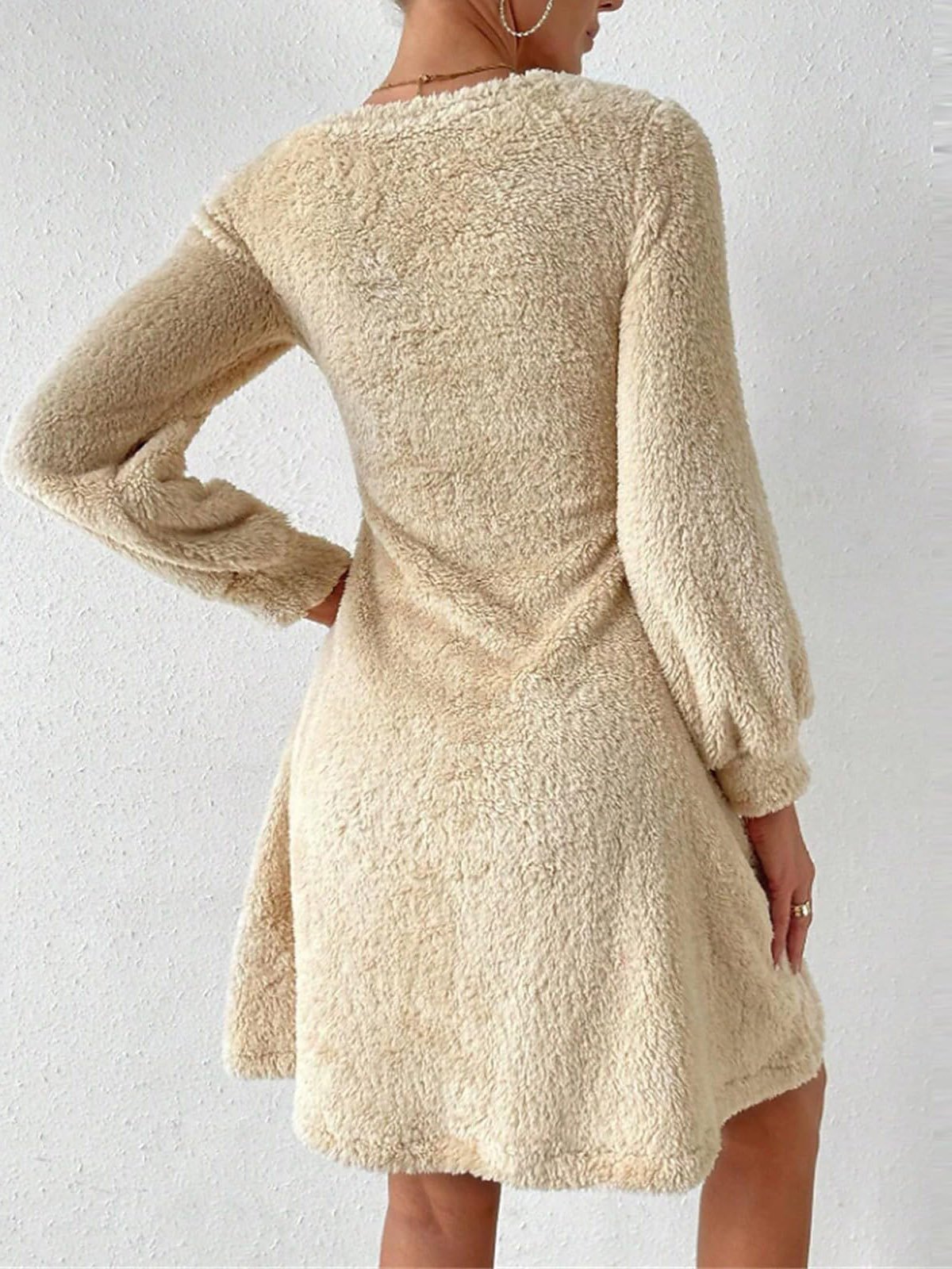 Women's Long Sleeve Spring/Fall Plain Fluff/Granular Fleece Fabric Dress V Neck Daily Going Out Casual Midi H-Line