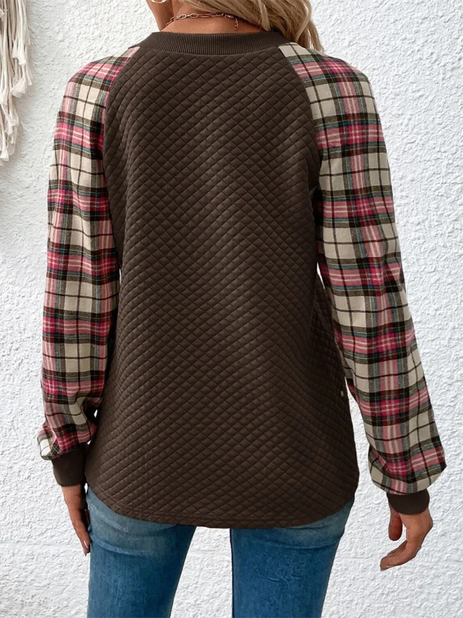 Women's Crew Neck Plaid Casual Spring/Fall Long Sleeve Sweatshirt