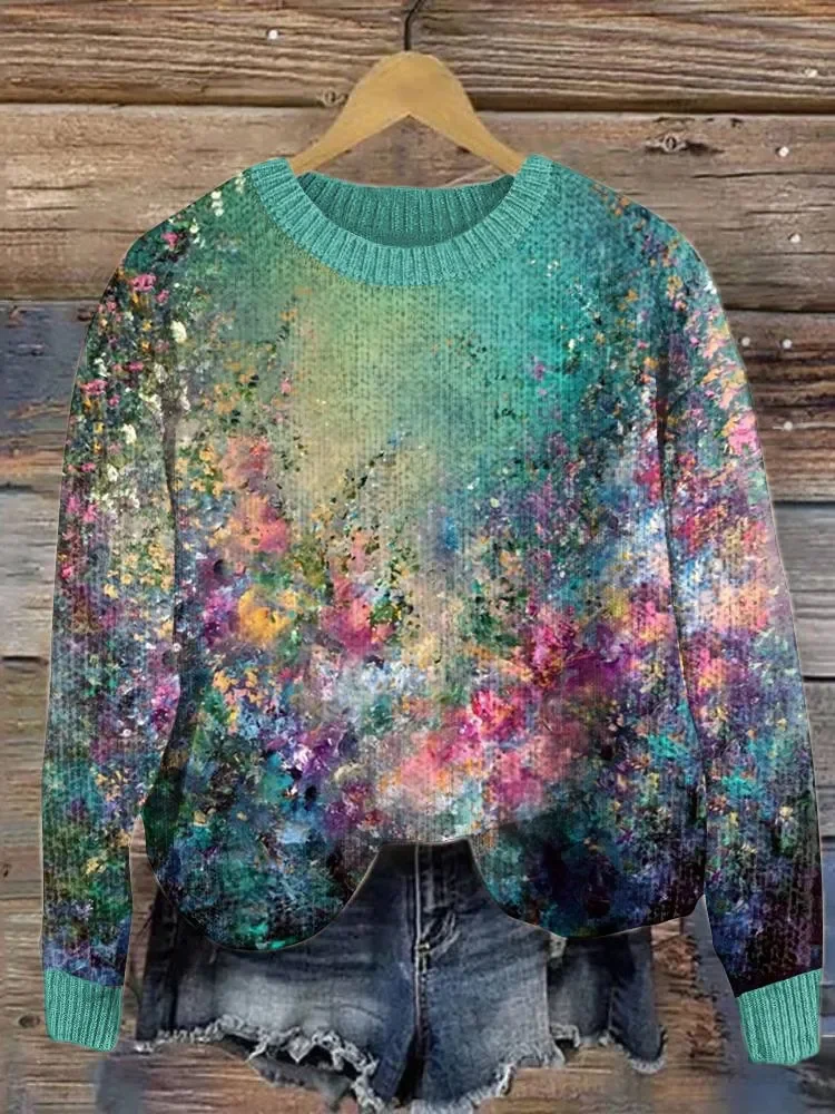 Women's Winter Floral Casual Long Sleeve Crew Neck Knitted Sweater