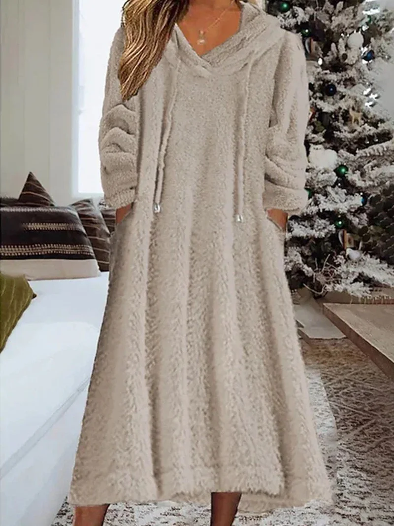 Women's Long Sleeve Spring/Fall Plain Fluff/Granular Fleece Fabric Dress Hoodie Daily Going Out Casual Midi H-Line