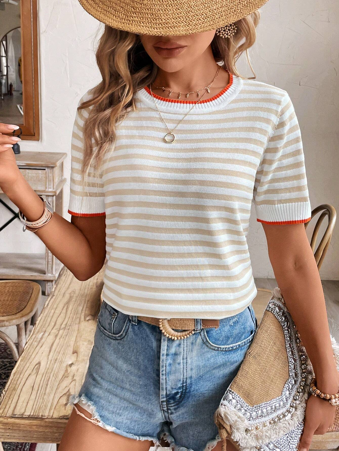 Women's Autumn Striped Casual Short Sleeve Crew Neck Sweater