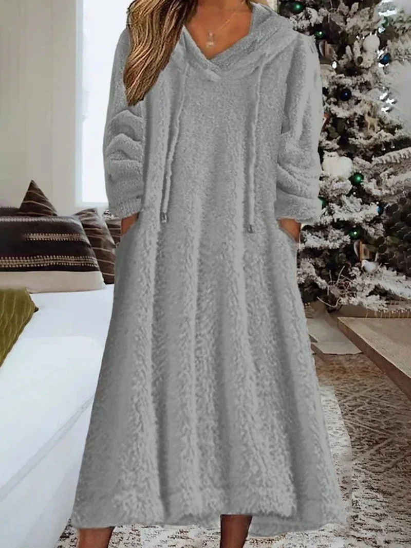 Women's Long Sleeve Spring/Fall Plain Fluff/Granular Fleece Fabric Dress Hoodie Daily Going Out Casual Midi H-Line