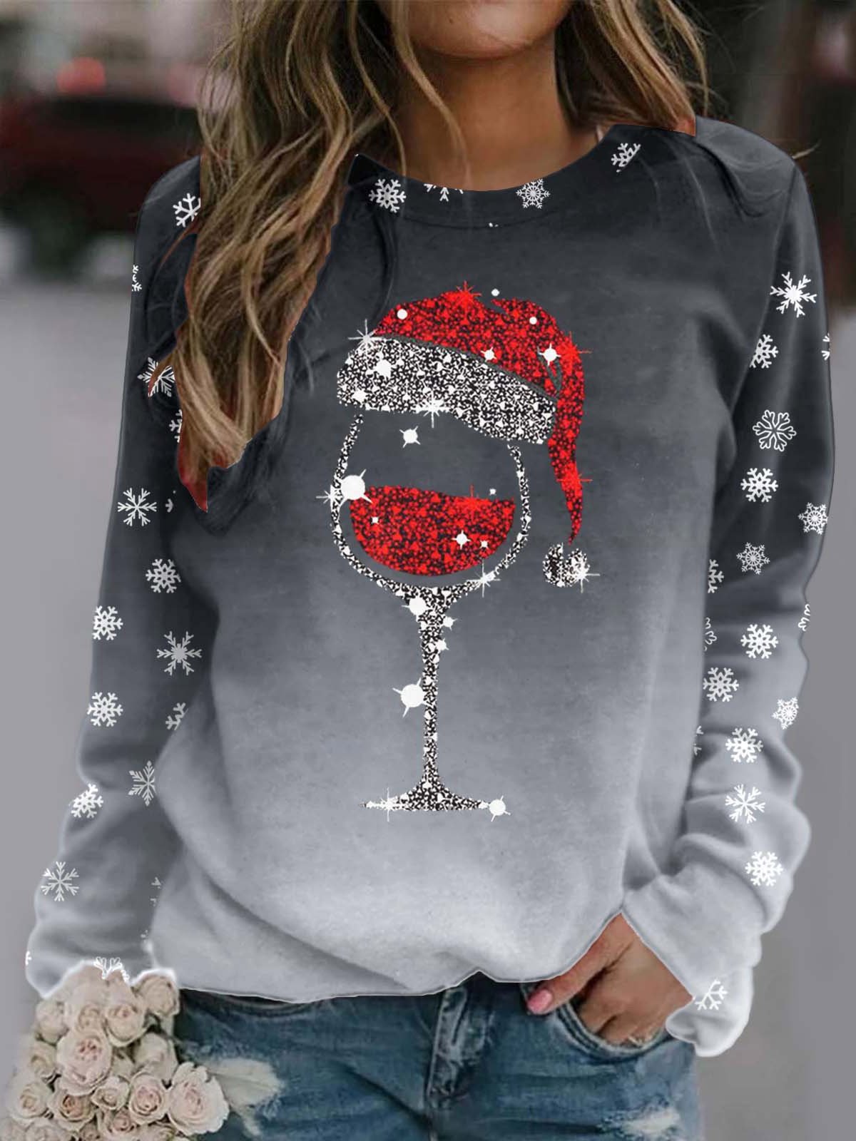 Women's Crew Neck Christmas Wine Glass Casual Spring/Fall Long Sleeve Sweatshirt