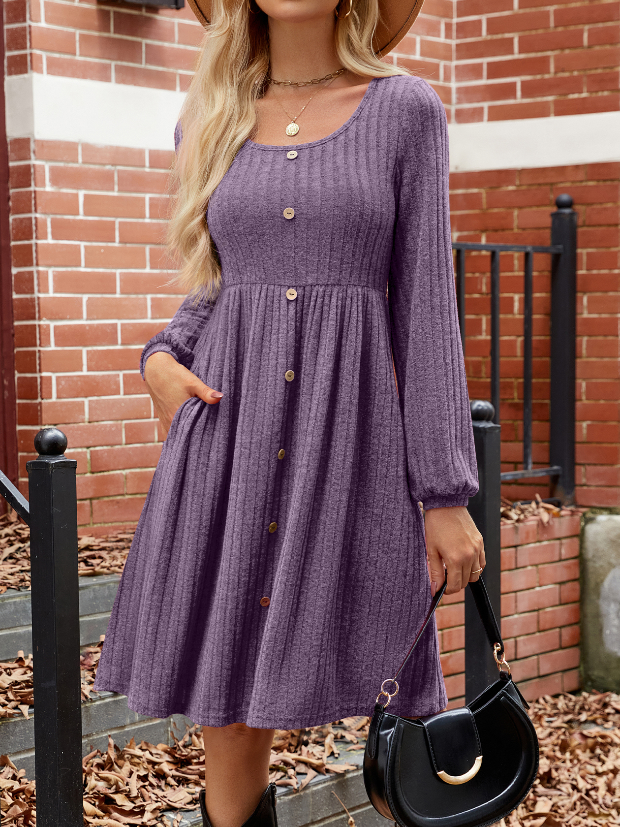 Women's Long Sleeve Summer Plain Dress Crew Neck Balloon Sleeve Daily Going Out Casual Knee Length A-Line