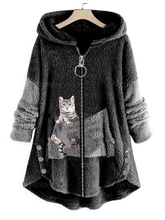 Women's Winter Outerwear Fluff/Granular Fleece Fabric Casual Embroidery Cat Long Sleeve Hoodie Fleece Coat