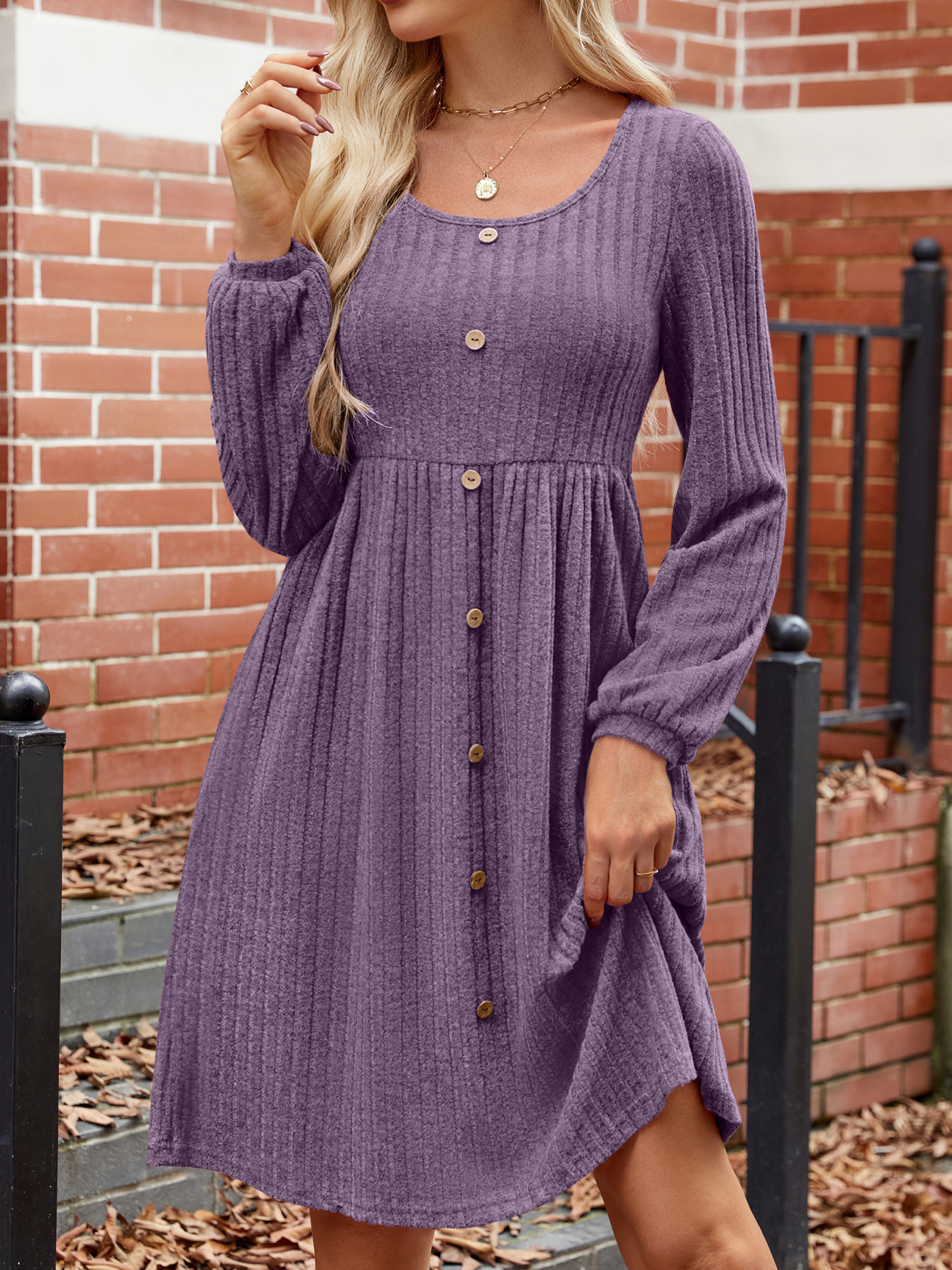 Women's Long Sleeve Summer Plain Dress Crew Neck Balloon Sleeve Daily Going Out Casual Knee Length A-Line