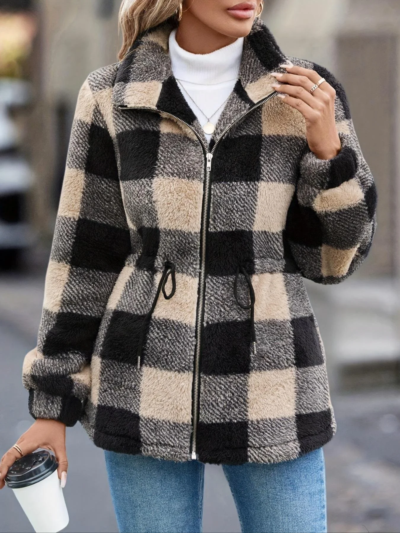 Women's Winter Outerwear Fluff/Granular Fleece Fabric Casual Zipper Plaid Long Sleeve Stand Collar Fleece Coat