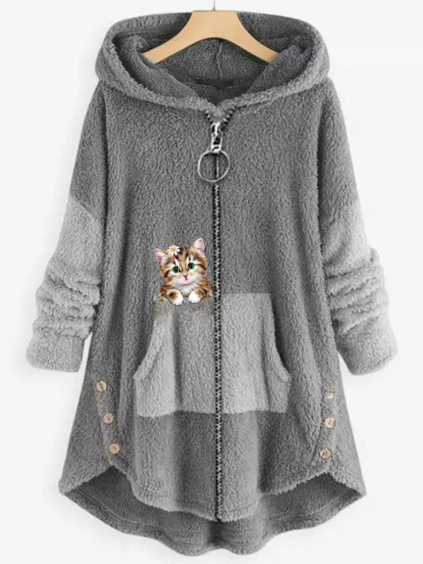 Women's Winter Outerwear Fluff/Granular Fleece Fabric Casual Embroidery Cat Long Sleeve Hoodie Fleece Coat