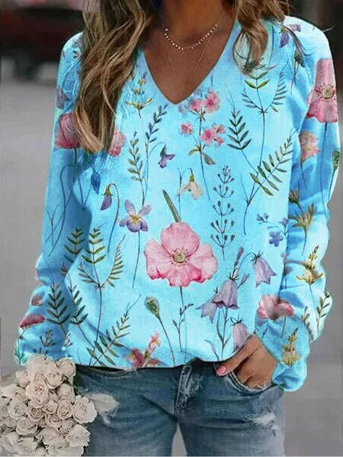 Women's V Neck Floral Casual Spring/Fall Long Sleeve Sweatshirt