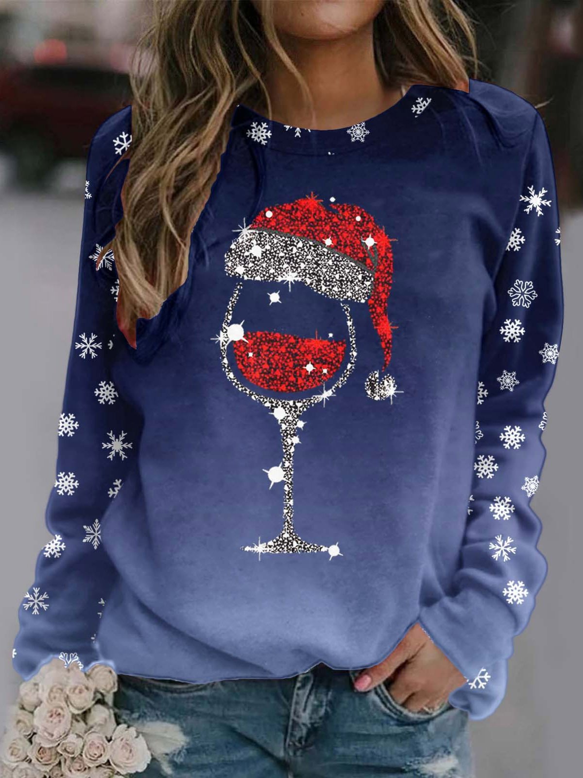 Women's Crew Neck Christmas Wine Glass Casual Spring/Fall Long Sleeve Sweatshirt