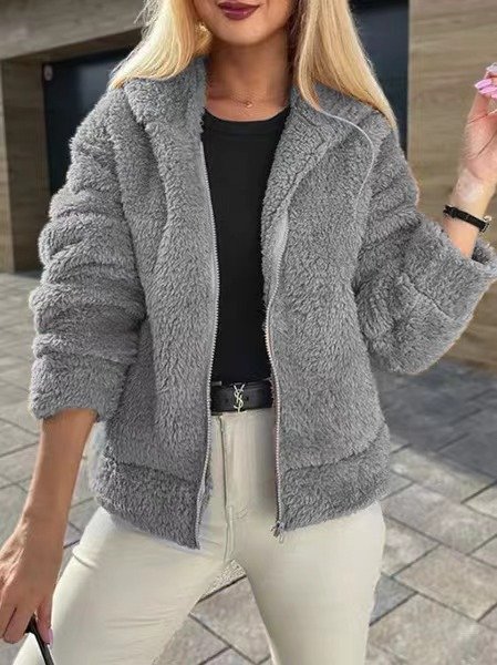 Women's Winter Outerwear Fluff/Granular Fleece Fabric Casual Plain Long Sleeve Stand Collar Fleece Coat