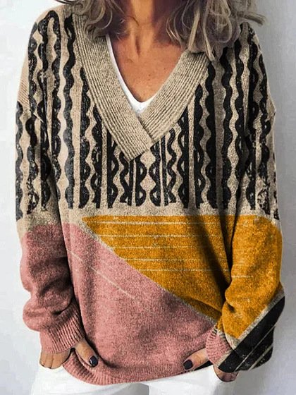 Women's Spring/Fall Geometric Casual Long Sleeve V Neck Yarn/Wool Yarn Sweater