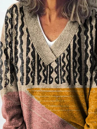 Women's Spring/Fall Geometric Casual Long Sleeve V Neck Yarn/Wool Yarn Sweater