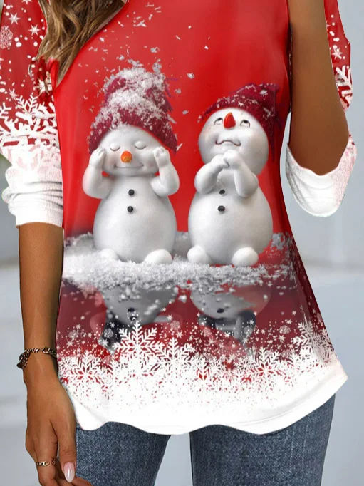 Women's Long Sleeve Tee T-shirt Spring/Fall Christmas Snowman Jersey Crew Neck Daily Going Out Casual Top