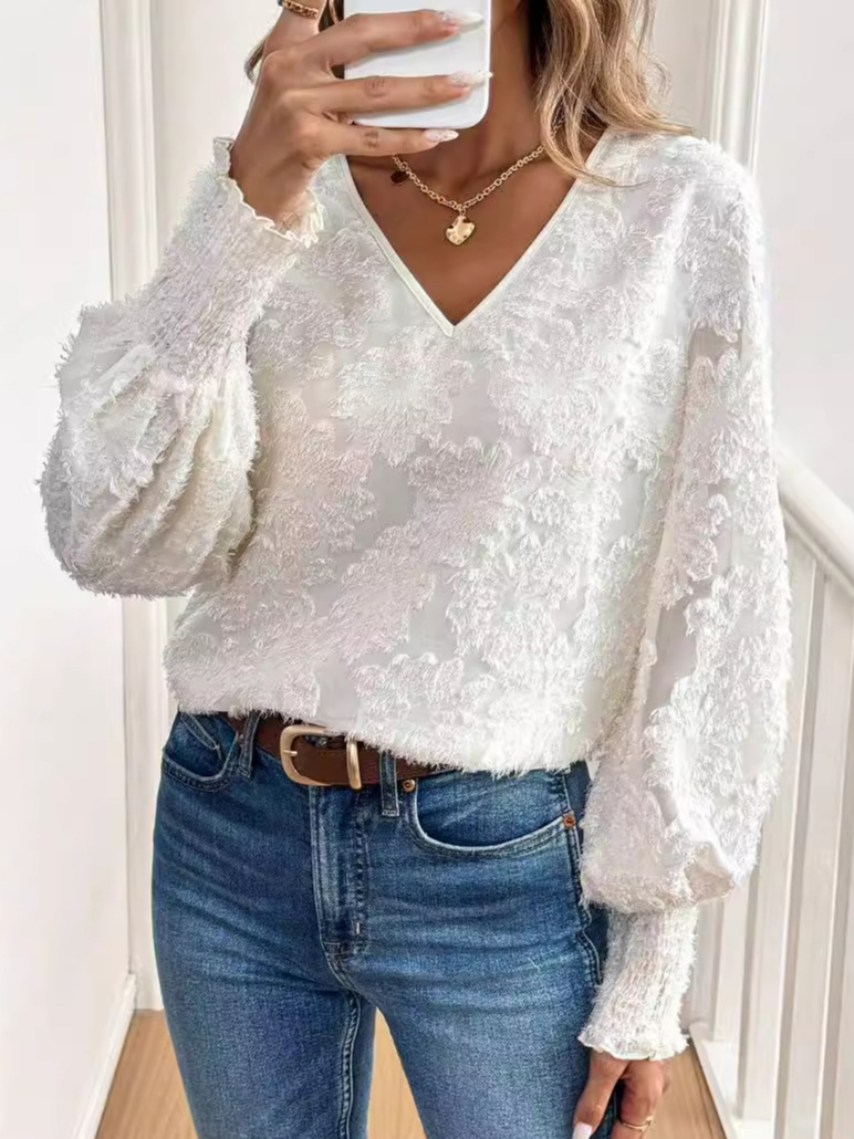 Women's Long Sleeve Blouse Spring/Fall Plain Lace V Neck Puff Sleeve Daily Going Out Casual Top