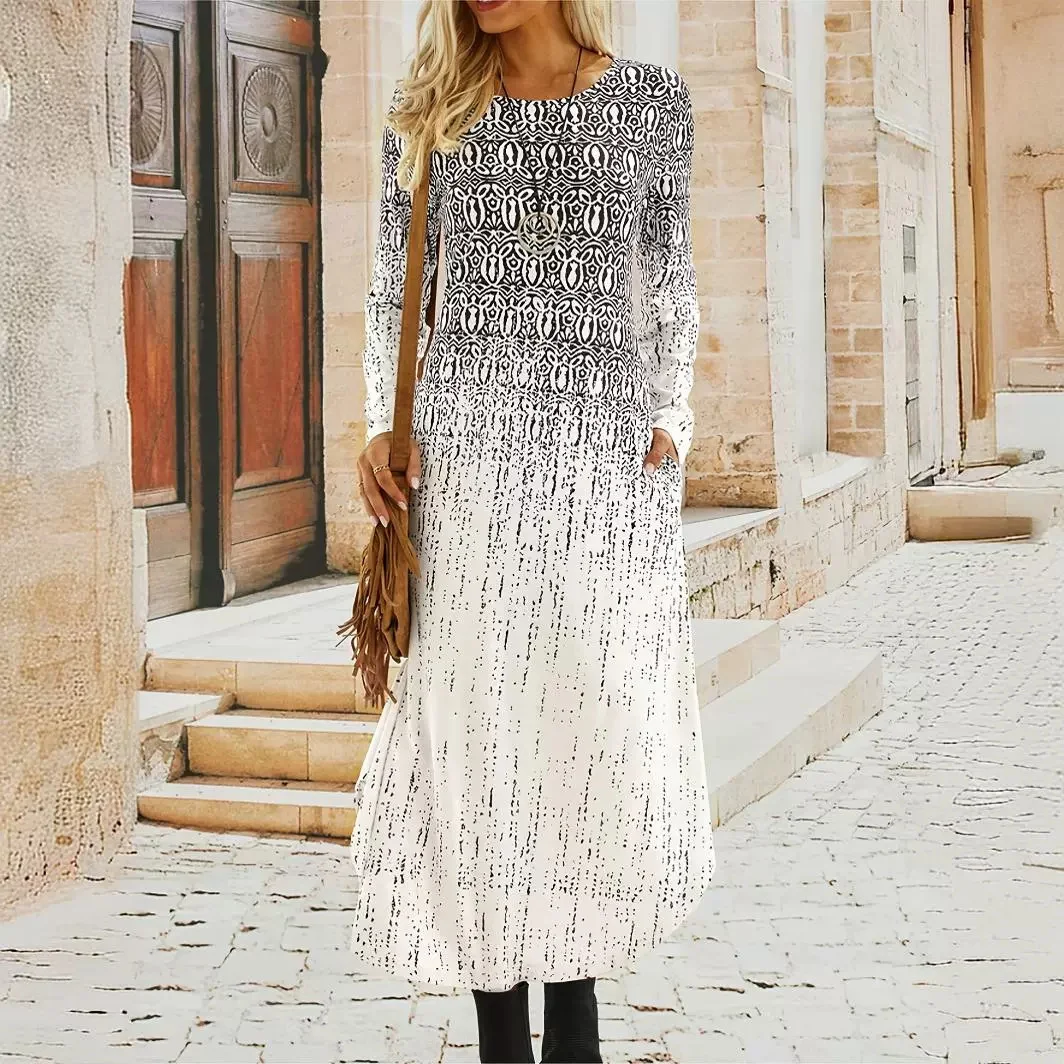 Women's Long Sleeve Spring/Fall Ethnic Dress Crew Neck Daily Going Out Vintage Maxi A-Line